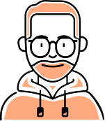 An illustrated avatar shows a man's head and shoulders in black-and-white lines, with areas filled in an orange-brown hue. The man has short hair, a light beard, round glasses, and a hoodie with a visible drawstring.